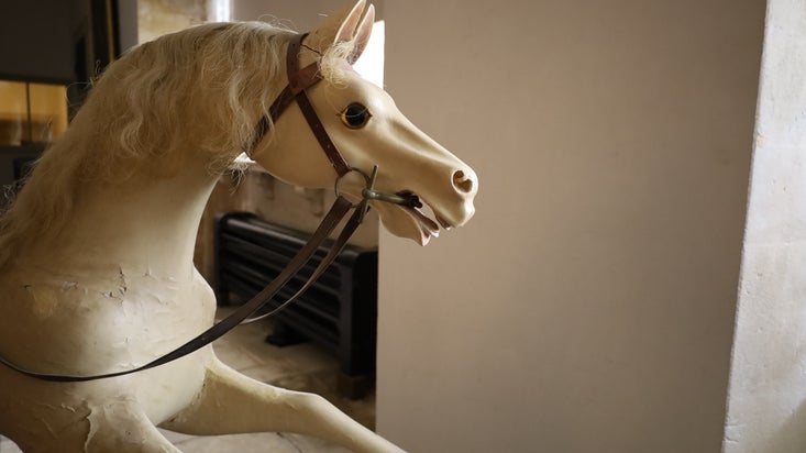 A close up on Firefoot's head, the rocking horse who belonged to the Talbot family in the 19th century.